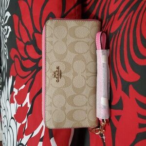Coach Beige and Pink Signature Wallet Wristlet